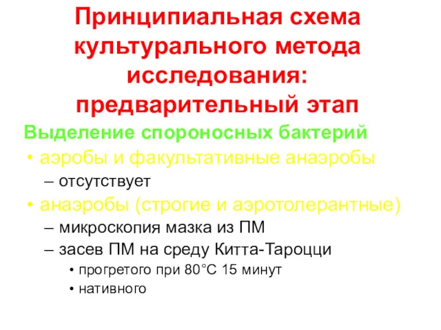 Принципиальная схема культурального метода исследования: предварительный этап Выделение спороносных бактерий