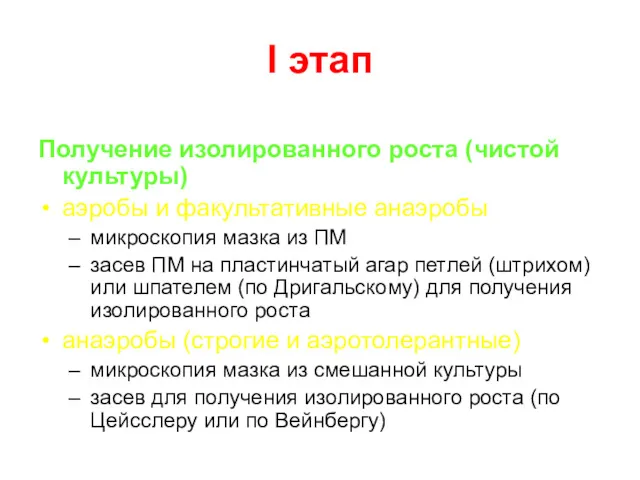 I этап Получение изолированного роста (чистой культуры) аэробы и факультативные