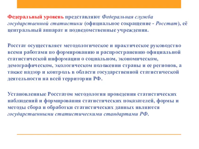 Федеральный уровень представляют Федеральная служба государственной статистики (официальное сокращение -