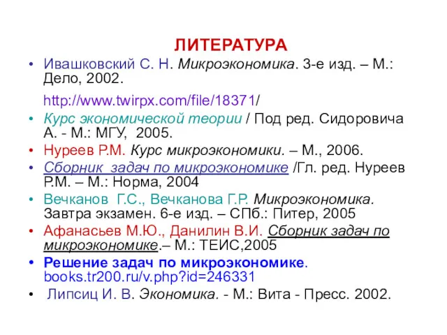 ЛИТЕРАТУРА Ивашковский С. Н. Микроэкономика. 3-е изд. – М.: Дело,