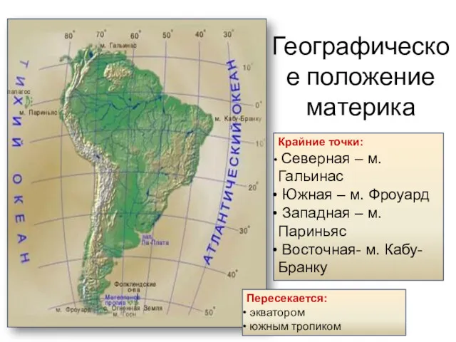 Географическое положение материка Крайние точки: Северная – м. Гальинас Южная