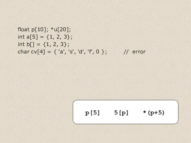 float p[10]; *u[20]; int a[5] = {1, 2, 3}; int