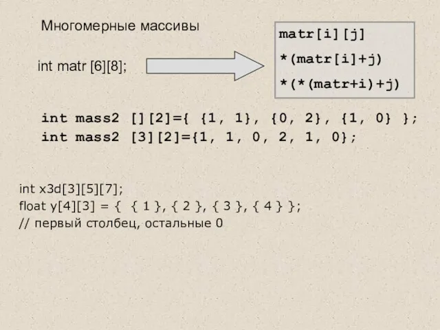 int matr [6][8]; Многомерные массивы matr[i][j] *(matr[i]+j) *(*(matr+i)+j) int mass2