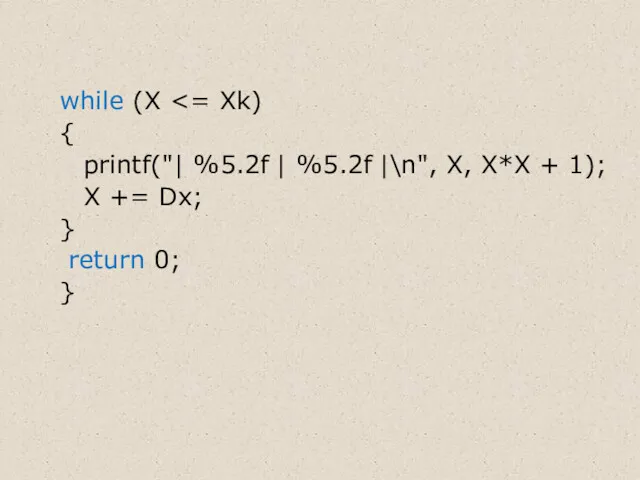 while (X { printf("| %5.2f | %5.2f |\n", X, X*X