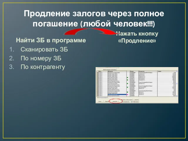 Продление залогов через полное погашение (любой человек!!!) Найти ЗБ в программе Сканировать ЗБ