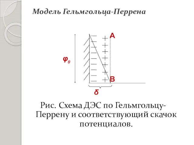 Рис. Схема ДЭС по Гельмгольцу-Перрену и соответствующий скачок потенциалов. Модель Гельмгольца-Перрена