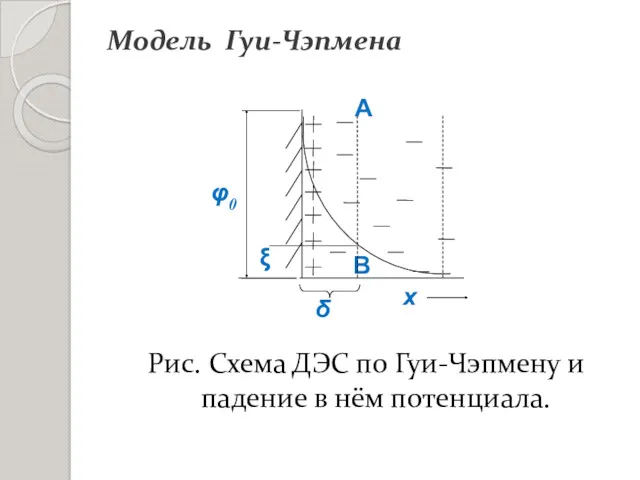 Рис. Схема ДЭС по Гуи-Чэпмену и падение в нём потенциала. Модель Гуи-Чэпмена