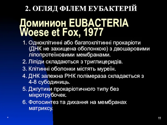 * 2. ОГЛЯД ФІЛЕМ ЕУБАКТЕРІЙ Доминион EUBACTERIA Woese et Fox,