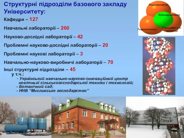 Cтруктурні підрозділи базового закладу Університету: Рослинництво Тваринництво Переробка с.-г. продукції