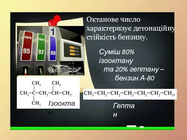 Октанове число характеризує дето­наційну стійкість бензину. Ізооктан Гептан Суміш 80%