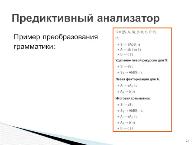 Пример преобразования грамматики: Предиктивный анализатор