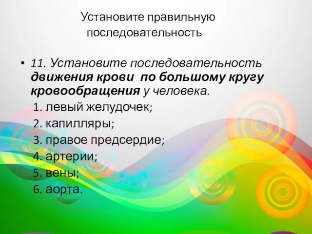 Установите правильную последовательность 11. Установите последовательность движения крови по большому