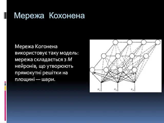 Мережа Кохонена Мережа Когонена використовує таку модель: мережа складається з