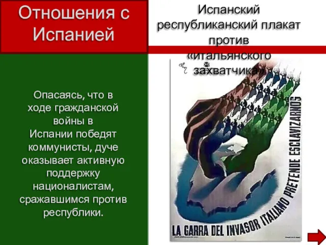 Опасаясь, что в ходе гражданской войны в Испании победят коммунисты, дуче оказывает активную