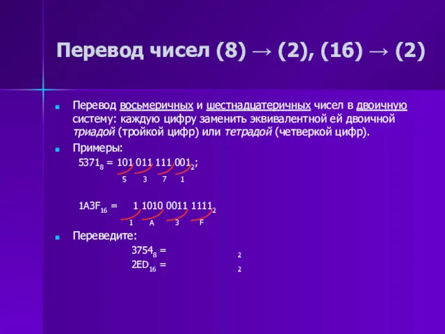 Перевод чисел (8) → (2), (16) → (2) Перевод восьмеричных