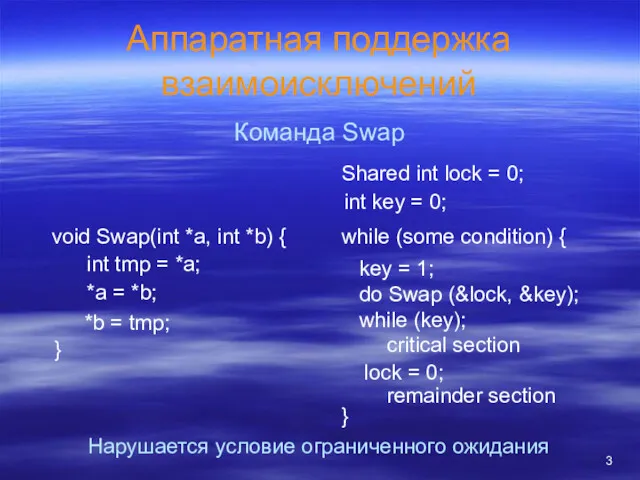 Аппаратная поддержка взаимоисключений Команда Swap void Swap(int *a, int *b)