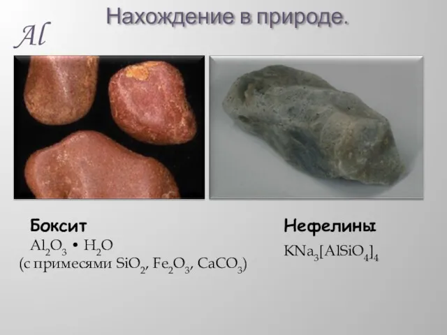 Нахождение в природе. Al Боксит Al2O3 • H2O (с примесями SiO2, Fe2O3, CaCO3) Нефелины KNa3[AlSiO4]4