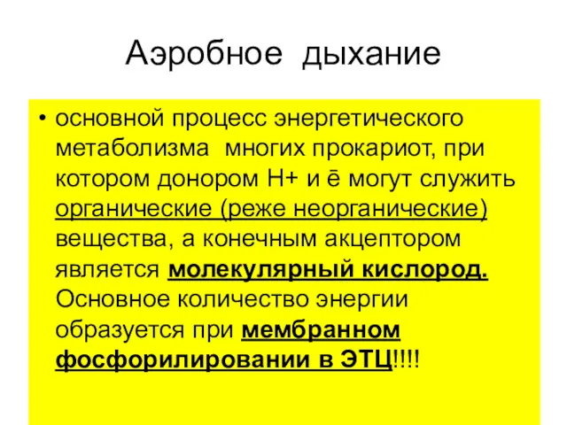 Аэробное дыхание основной процесс энергетического метаболизма многих прокариот, при котором