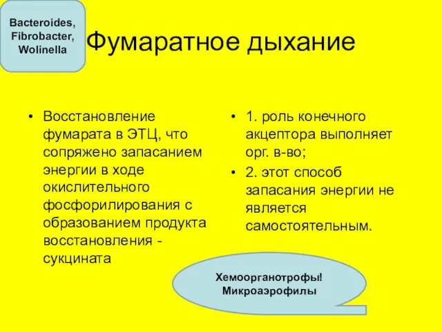 Фумаратное дыхание Восстановление фумарата в ЭТЦ, что сопряжено запасанием энергии