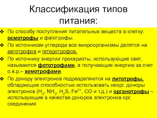 Классификация типов питания: По способу поступления питательных веществ в клетку: