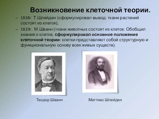 Возникновение клеточной теории. 1838г. Т.Шлейден (сформулировал вывод: ткани растений состоят