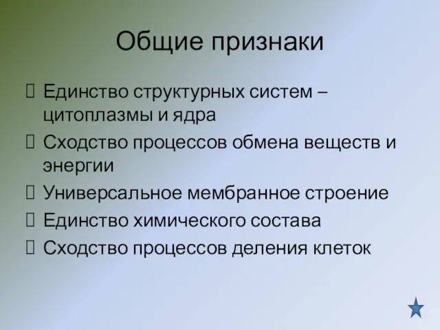 Общие признаки Единство структурных систем –цитоплазмы и ядра Сходство процессов