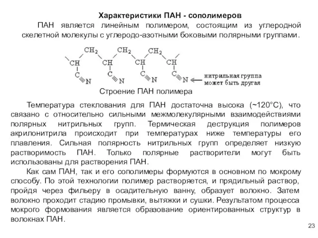 Характеристики ПАН - сополимеров ПАН является линейным полимером, состоящим из