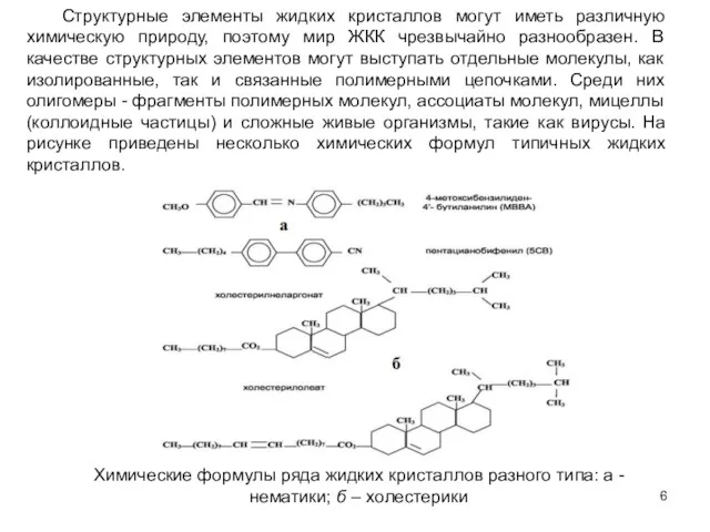 Структурные элементы жидких кристаллов могут иметь различную химическую природу, поэтому