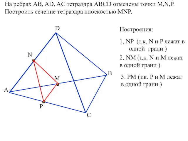 На ребрах AB, AD, AC тетраэдра ABCD отмечены точки M,N,P.