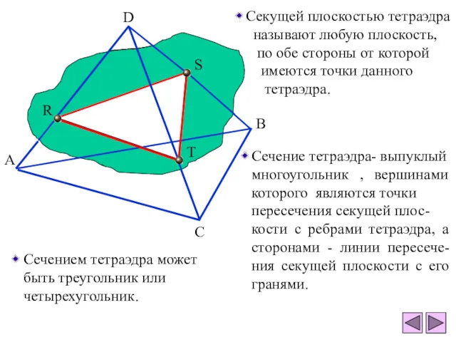 Секущей плоскостью тетраэдра называют любую плоскость, по обе стороны от