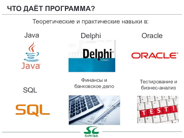 ЧТО ДАЁТ ПРОГРАММА? Теоретические и практические навыки в: Java Delphi