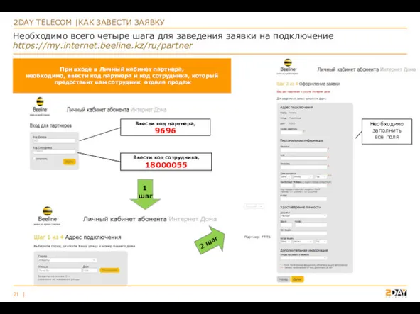 Необходимо всего четыре шага для заведения заявки на подключение https://my.internet.beeline.kz/ru/partner Ввести код сотрудника,