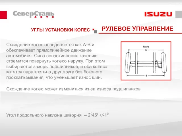 УГЛЫ УСТАНОВКИ КОЛЕС РУЛЕВОЕ УПРАВЛЕНИЕ Схождение колес определяется как А-В