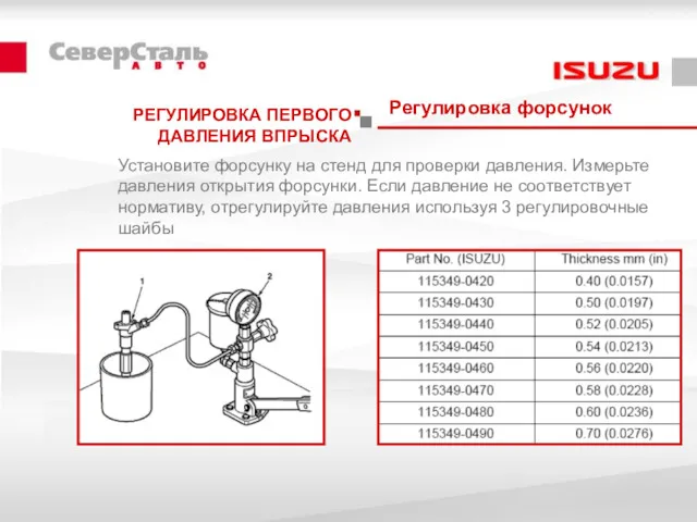 Регулировка форсунок РЕГУЛИРОВКА ПЕРВОГО ДАВЛЕНИЯ ВПРЫСКА Установите форсунку на стенд