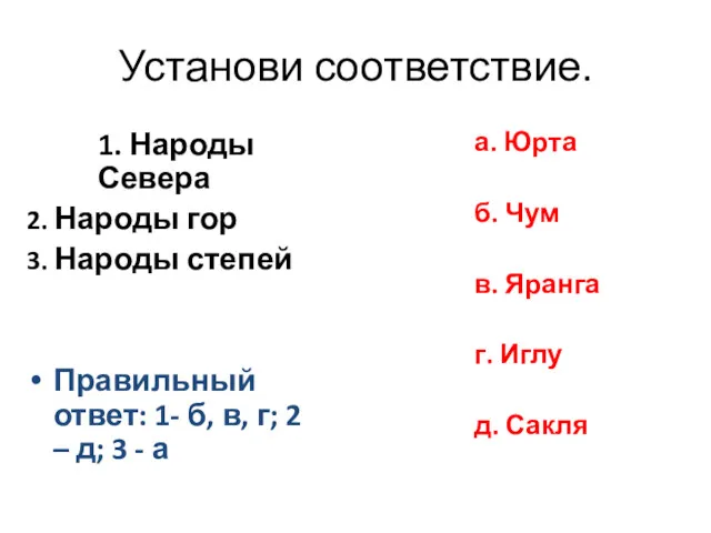 Установи соответствие. 1. Народы Севера 2. Народы гор 3. Народы степей Правильный ответ: