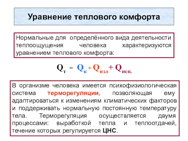 Уравнение теплового комфорта Нормальные для определённого вида деятельности теплоощущения человека