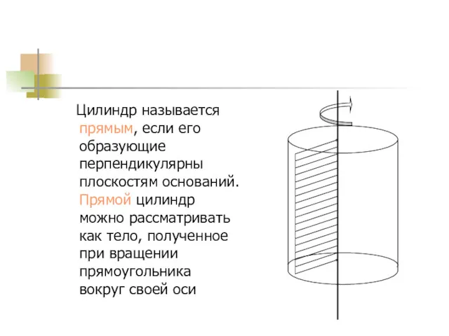 Цилиндр называется прямым, если его образующие перпендикулярны плоскостям оснований. Прямой