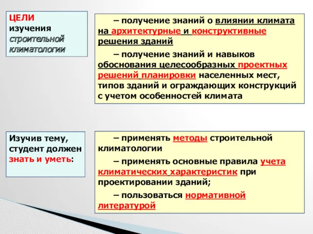 – получение знаний о влиянии климата на архитектурные и конструктивные