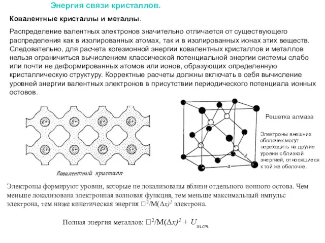 Энергия связи кристаллов. Ковалентные кристаллы и металлы. Распределение валентных электронов