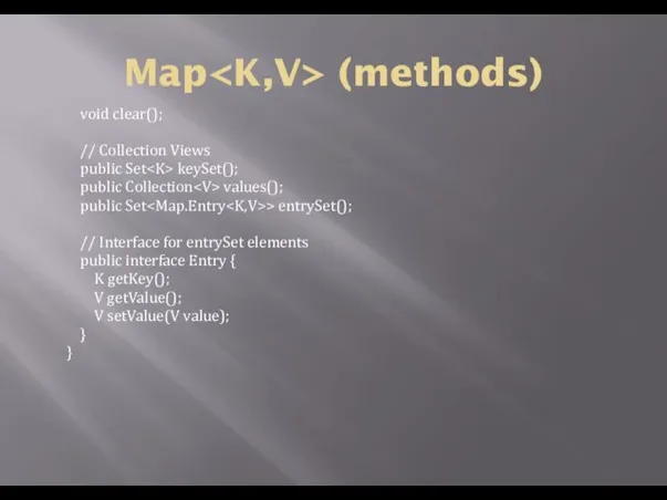 Map (methods) void clear(); // Collection Views public Set keySet();