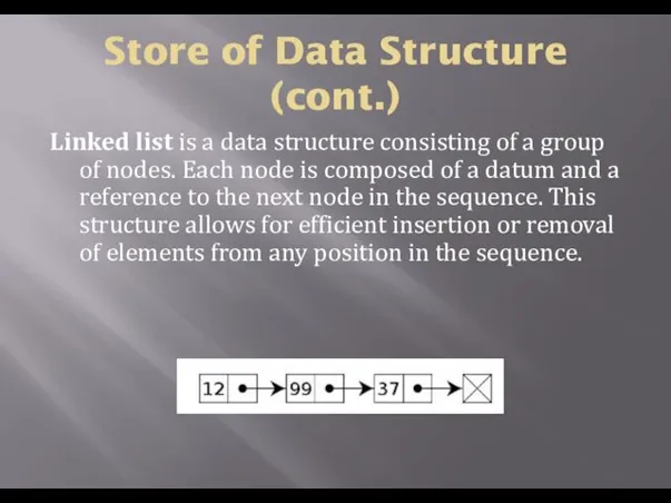 Store of Data Structure (cont.) Linked list is a data