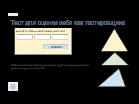 Тест для оценки себя как тестировщика Проверить Введите длины сторон треугольника +1 очко,