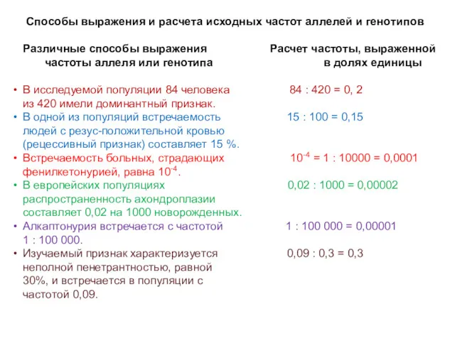 Способы выражения и расчета исходных частот аллелей и генотипов Различные