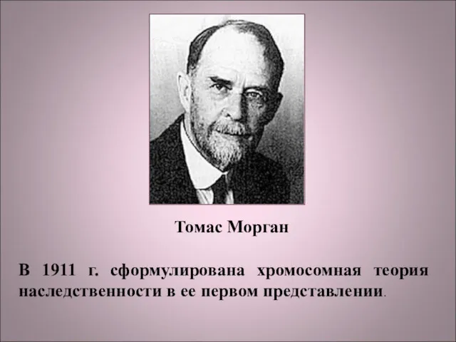 Томас Морган В 1911 г. сформулирована хромосомная теория наследственности в ее первом представлении.