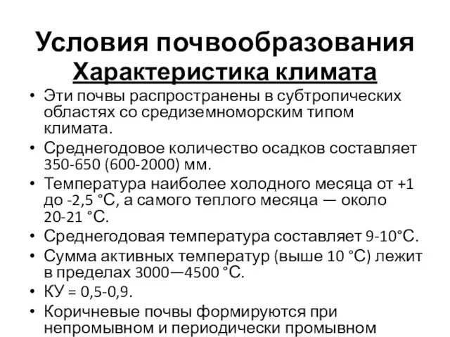 Условия почвообразования Характеристика климата Эти почвы распространены в субтропических областях