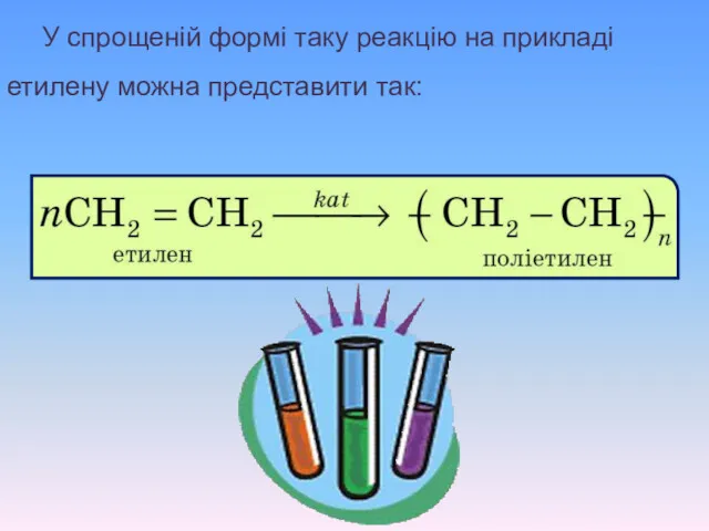 У спрощеній формі таку реакцію на прикладі етилену можна представити так: