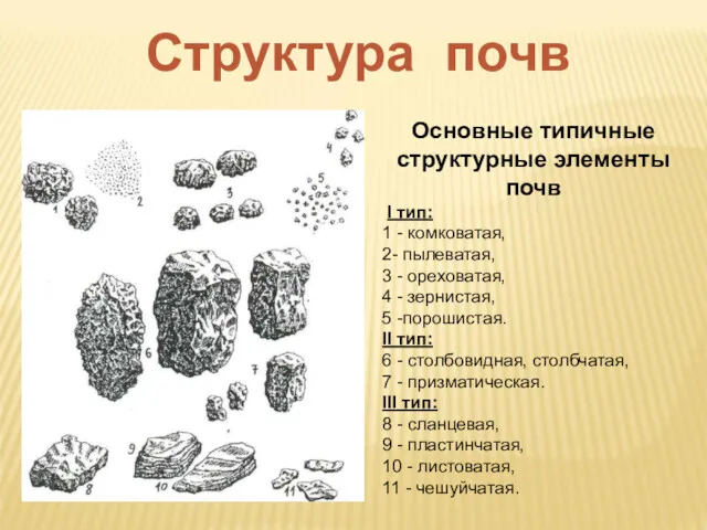 Основные типичные структурные элементы почв I тип: 1 - комковатая,