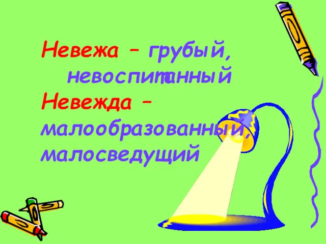 Невежа – грубый, невоспитанный Невежда –малообразованный, малосведущий