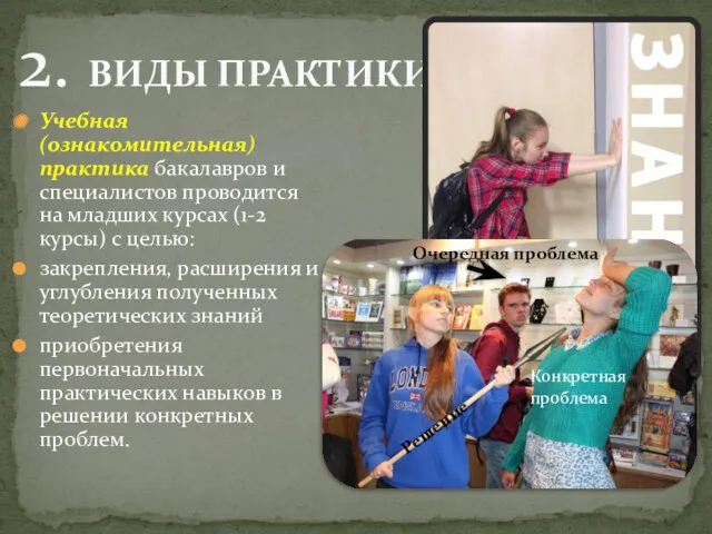 2. ВИДЫ ПРАКТИКИ Учебная (ознакомительная) практика бакалавров и специалистов проводится