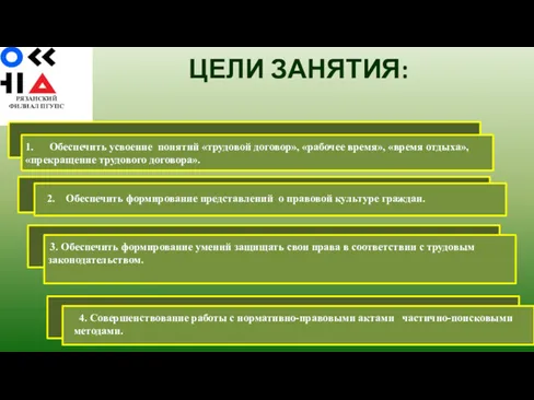 ЦЕЛИ ЗАНЯТИЯ: РЯЗАНСКИЙ ФИЛИАЛ ПГУПС 1. Обеспечить усвоение понятий «трудовой